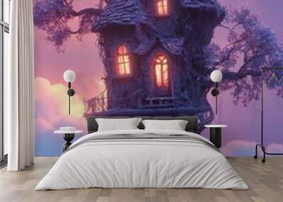 Whimsical fantasy tree house with glowing lights at dusk Wall mural