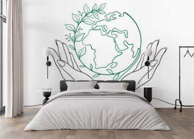 line art drawing of hands holding Earth globe. Vector illustration isolated on white background Wall mural