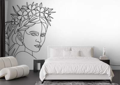 Women’s day line art style vector illustration. Line art vector illustration of a woman face with flower in hair Wall mural