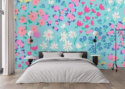 vector seamless bright small ditsy flower pattern, gentle spring summer mood hand drawn floral background print Wall mural