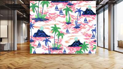 vector seamless retro style hawaii pattern with mountains, sunset, palm trees, boats. colorful bright artistic tropic fantasy background allover print Wall mural