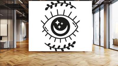 Eye with moon inside. Floral elements. Mystical witchy illustration. T-shirt design. Isolated vector black and white silhouette. Cut file Wall mural