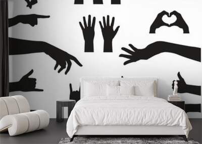 Hand silhouette set in black isolated on white, different poses of hand Wall mural