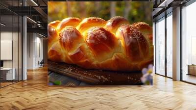 A freshly baked braided loaf of bread with a golden crust, sprinkled with sugar, sits on a wooden table with a blurred background of green foliage and a sunlit sky. Wall mural