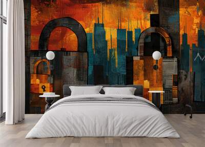 Abstract city buildings and padlock with painting brush style Wall mural