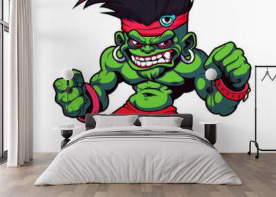 Green angry orc monster design. Green troll monster cartoon. Orc boy monster Wall mural