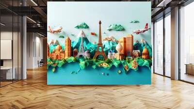 Wallpaper travel illustration 3d color tourism place, landmarks world, travel day wallpaper Wall mural