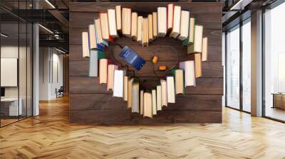 Listening Audio book concept - heart shape of book, headphones and smartphone with audiobook application. Study online Wall mural