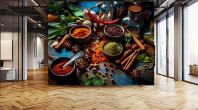 Low key shot of a large variety of fresh and dried Indian cooking herbs and spices on a contrasting old weathered blue wood table. The focus is on the foreground. Created by Generative AI. Wall mural