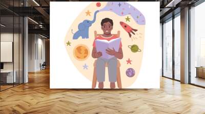 Amazed dark skin boy reading fantasy cosmos book vector flat cartoon illustration. Storybook about open space, galaxy travel by spaceship, fantastic textbook with cute animals, rocketships and planets Wall mural