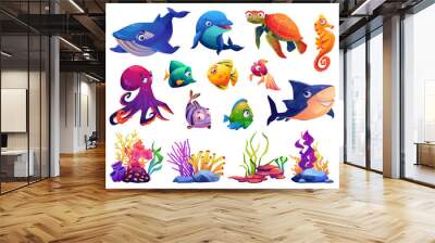 Animals of ocean, corals and algae, set isolated cartoon icons. Vector dolphin and shark, whale and fish, turtle and jellyfish. Childish seabed sea bottom creatures, marine underwater plants Wall mural