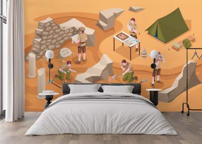 Archeology isometric excavation or archeologist at work. Archaeology job or archaeologist near ancient civilization architecture, columns and tent.Cartoon explorer at historic excavate.Old artifacts Wall mural