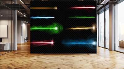 Beam with bright shiny sparkles. Vector laser shot impact. Cutting metal or surface, light effect with sparks and vapor, shining and glowing. Engraving or shooting, futuristic weapon burst Wall mural