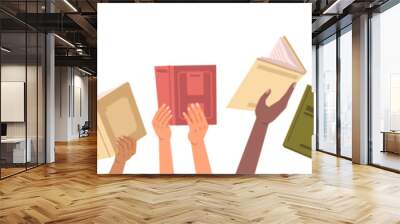 Book in hands, back to school, literature and textbook sharing, bookcrossing, education and knowledge concept, vector illustration. Diverse hands holding books, culture festival, library day Wall mural