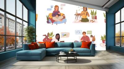 Boys and girls watching educational and recreational content on smartphones. Vector flat cartoon characters interacting with social media in internet, studying online on courses at school Wall mural