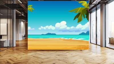 Cartoon summer beach, ocean or sea shore, paradise with yellow sand, palm and blue tranquil water. Vector landscape scenery, tourist holiday vacation place for rest. Seaside seashore, tropical trees Wall mural