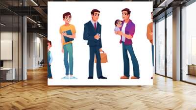 Character of man in different age. Vector baby, child, teenager adult and mature person, elderly male on retirement. Life circle, generation of people and stages of growing up. Aging process of person Wall mural