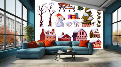 Christmas and New Year street design elements isolated icons set. Vector bare trees in snow, decorated street houses with chimneys. Snowman and lanterns, fir with garlands and toys, gift boxes Wall mural