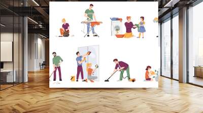 Cleaning people set isolated man and woman with children doing housework chores. Vector couple washing window, ironing, doing laundry, sweeping floor, watering plants, take out rubbish, vacuum cleaner Wall mural