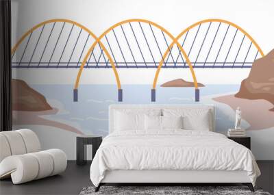 Contemporary bridge between lands, modern architecture construction for crossing water mass. Overpass for vehicles and people walking. Vector in flat style Wall mural