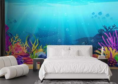 Coral reef underwater world with marine animals silhouettes and algae seaweeds, sea bottom cartoon background. Vector undersea plants, aquarium with seafloor, marine wildlife scenery on depth Wall mural