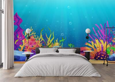 Corals and algae underwater world, sea bottom cartoon background. Vector seaweeds and stones undersea plants, aquarium with seafloor, marine wildlife scenery, bubbles and light, game design, diving Wall mural