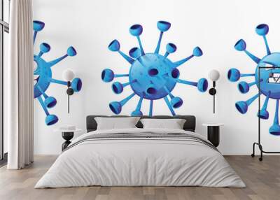 Coronavirus blue bacteria angry and smiling emoticon isolated icons set. Vector covid-2019 cell icon, 2019-nCoV. No infection and stop coronavirus concept. Dangerous pandemic virus pathogen, biohazard Wall mural