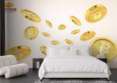 Cryptocurrency concept or electronic payments. Vector technology 3d illustration. Realistic gold coins explosion or splash on white background. Rain of golden bitcoins. Falling or flying money. Wall mural