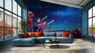 Curious cartoon family looks through telescope together on night sky background. Vector mother, father and son watching planets. Astronomy education, cosmos exploration and universe discovery Wall mural