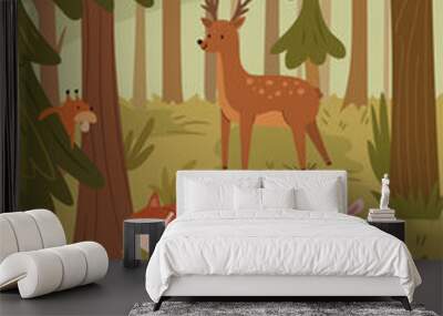 Cute forest with wild animals and fir trees, green grass and bushes background. Vector illustration of wild dear and fox, rabbit and squirrel, hedgehog with apple. Scenery landscape, park panorama Wall mural