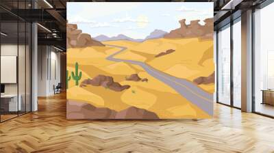 Desert with rocky mountains and hills of sand, growing cactus plants along path, flat cartoon design. Vector Arizona, Sahara or wild west sandy doughty valley landscape. Mexico panorama, hot place Wall mural