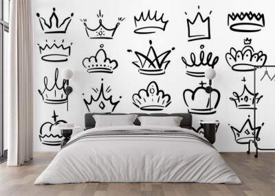 Doodle crowns linear icons set. Line art king or queen crown sketch. Royal head accessories collection. Fellow crowned heads tiara, diadem and luxurious decals vector illustration hand drawn doodles Wall mural