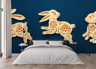 Eastern bunny or rabbit paper art or isolated icons of hare carving. Lapin decoration or cony ornament, wildlife animal. Moon or lunar rabbit for chinese holiday - mid autumn festival. Design element Wall mural