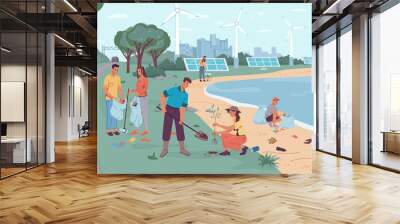 Eco-city environment, garbage collection and tree planting. People volunteers cleaning up beach from wastes, flat cartoon design. Vector windmills and solar panels, team of adults kids pickup rubbish Wall mural