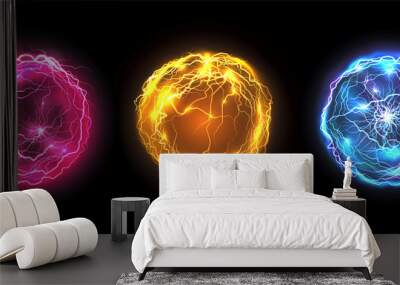 Energy balls and plasma sphere, vector electric lightning and light flash sparks. Magic lightning discharge, red pin, blue purple and golden yellow color realistic energy balls, electric light burst Wall mural