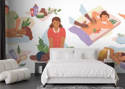 Face and back massages, relaxation at Thai massage with herbal bags, hot stone massage, barefoot massaging isolated flat cartoon icons. Vector man and woman relaxing in spa, natural organic cosmetics Wall mural