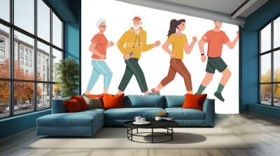 Family parents and grandparents running together isolated cartoon characters. Vector man with fitness band tracker, sportive pensioners, middle age man and woman joggers. Motivational sport trainings Wall mural