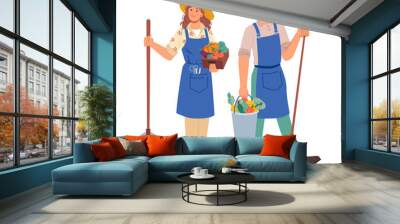 Farmer gardener man woman profession occupation isolated flat cartoon characters. Vector agriculture, farm and garden workers in aprons, with harvest in hands and gardening equipment spade and rake Wall mural