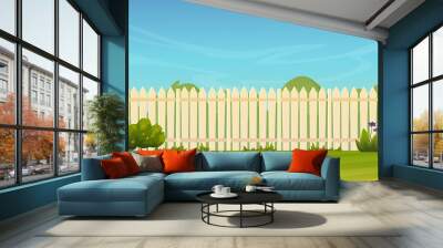 Fence and green lawn, rural landscape background. Vector garden backyard with wooden hedge, trees and bushes, grass and flowers, park plants. Spring summer outside landscape. Farm natural agriculture Wall mural