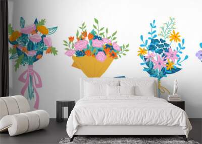 Floral composition in bouquet, isolated set of hands holding flowers in blossom. Botany and decoration. Decorative botany, flora and branches with petals and leaves, vector in flat cartoon style Wall mural