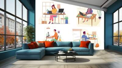 Freelancers using laptops and computers to work in home office. Isolated set of people looking at screens and typing data. Different angles of workplaces. Cartoon character, vector in flat style Wall mural