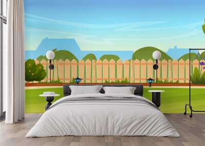 Garden backyard with wooden fence hedge, green trees and bushes, grass and flowers, park plants, house on background. Vector spring or summer outside landscape. Farm natural view, eco agriculture Wall mural