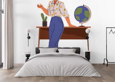 Geography teacher or lecturer, isolated woman with globe education at school or university. Obtaining knowledge and teaching, tutor or mentor. Vector cartoon character in flat style Wall mural