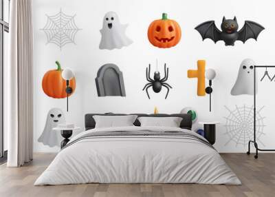 Graveyard tombstone and cross, spider and cobweb, ghost and pumpkin, witch hat and melting wax on candle, cookies eyes. Vector in 3d style, Halloween themed decoration for party or postcard Wall mural