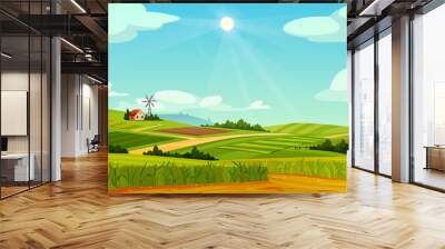 Green fields landscape of farmland, barns and farms, rural houses and windmills. Vector pasture with buildings, green grass, meadows and trees, blue sky on background. Country agriculture farmland Wall mural