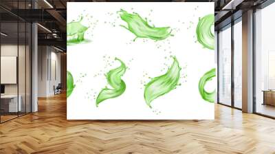 Green splashes of juice realistic juicy splatter spiral waves. Kiwi or apple fruit berries splashing juice or jam, isolated icons. Splash juice realistic juicy, smoothie swirls. Splatter spiral waves Wall mural