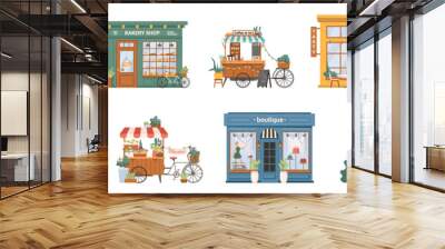 Grocery store and bakery, mobile coffee kiosk on bike, cafe restaurant and hair salon barbershop, florist flower store and clothing boutique, shop with souvenirs isolated building set facade exterior Wall mural