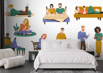 Internet addiction, people using smartphones in bed, sitting on armchair or on bench, lying on sofa, floor. Vector man and woman spend leisure time browsing or chatting in mobile phones, flat cartoon Wall mural