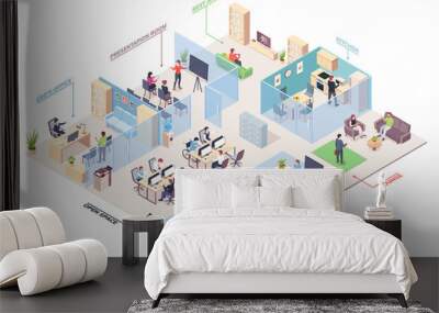 Isometric office design with CEO, presentation room and open space, rest area and kitchen, lounge and conference hall. Cubicle vector coworking space for work or job. Business center plan Wall mural