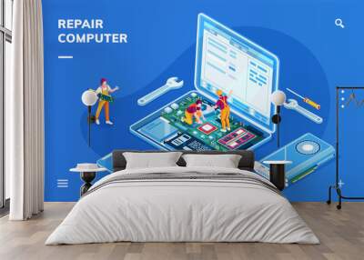 Isometric screen with computer repair service for smartphone application. Isometry laptop with serviceman workers. Banner for data restoration center. Video card and motherboard. PC fixing, diagnostic Wall mural